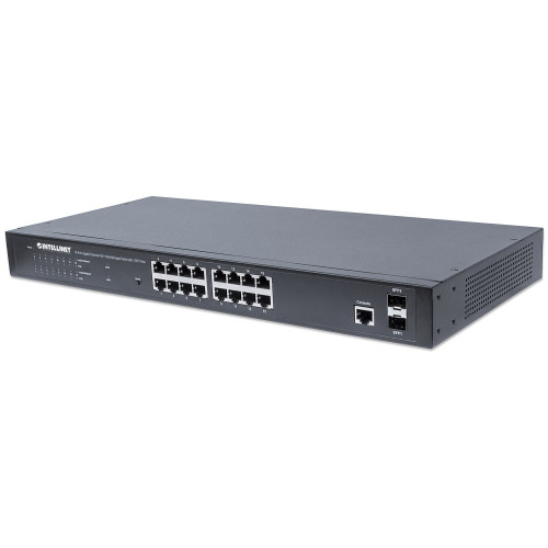 Intellinet 16-Port Gigabit Ethernet PoE+ Web-Managed Switch with 2 SFP Ports, IEEE 802.3at/af Power over Ethernet (PoE+/PoE) Compliant, 374 W, Endspan, 19" Rackmount (UK 3-pin plug)