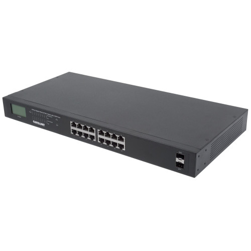 Intellinet 16-Port Gigabit Ethernet PoE+ Switch with 2 SFP Ports, LCD Display, IEEE 802.3at/af Power over Ethernet (PoE+/PoE) Compliant, 370 W, Endspan, 19" Rackmount (UK 3-pin plug)