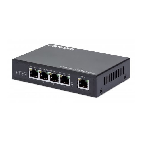 Intellinet 4-Port Gigabit Ultra PoE Extender, Adds up to 100 m (328 ft.) to PoE Range, 90 W PoE Power Budget, Four PSE Ports with up to 30 W Output, IEEE 802.3bt/at/af Compliant, Metal Housin