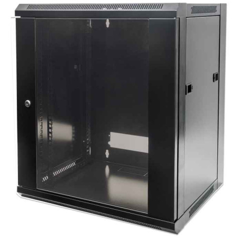 Network Cabinet, Wall Mount (Standard), 6U, Usable Depth 260mm/Width 510mm, Black, Flatpack, Max 60kg, Metal & Glass Door, Back Panel, Removeable Sides, Suitable also for use on desk or floor