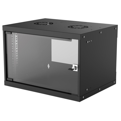 Network Cabinet, Wall Mount (Basic), 6U, Usable Depth 340mm/Width 485mm, Black, Flatpack, Max 50kg, Glass Door, 19", Parts for wall installation (eg screws and rawl plugs) not included, Three