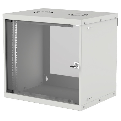 Network Cabinet, Wall Mount (Basic), 9U, Usable Depth 340mm/Width 485mm, Grey, Flatpack, Max 50kg, Glass Door, 19", Parts for wall installation (eg screws and rawl plugs) not included, Three 