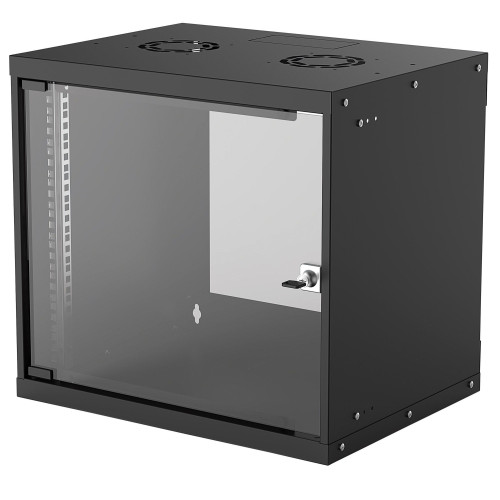 Network Cabinet, Wall Mount (Basic), 9U, Usable Depth 340mm/Width 485mm, Black, Flatpack, Max 50kg, Glass Door, 19", Parts for wall installation (eg screws and rawl plugs) not included, Three