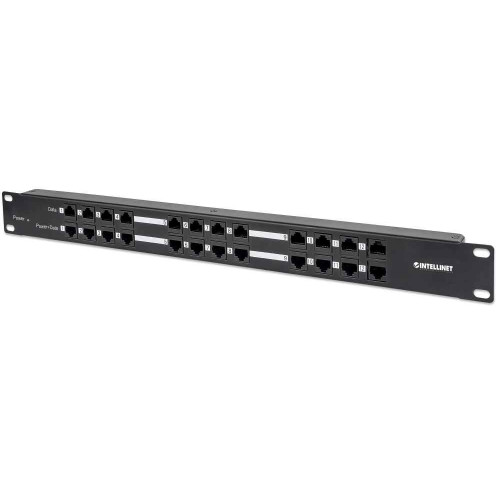 PoE Patch Panel, 24 Port Patch Panel with 12 port RJ45 Data In and 12 port RJ45 Data and Power Out, Passive Power over Ethernet Delivered on 12 Ports, 1U, CAT5e