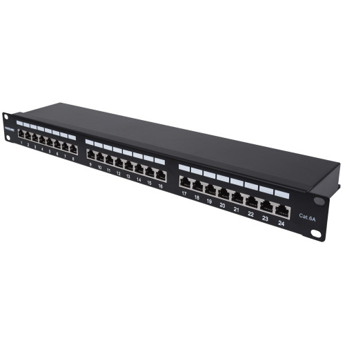 Patch Panel, Cat6a, FTP, 24-Port, 1U, Shielded, 90Â° Top-Entry Punch Down Blocks, Black