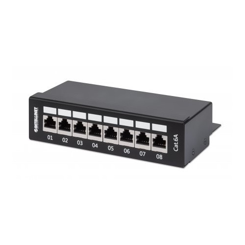 Patch Panel, Cat6a, FTP, 8-Port, Desktop, Shielded, 90Â° Top-Entry Punch Down Blocks, Black