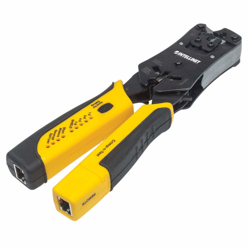 Universal Modular Plug Crimping Tool and Cable Tester, 2-in-1 Crimper and Cable Tester: Cuts, Strips, Terminates and Tests, RJ45/RJ11/RJ12/RJ22