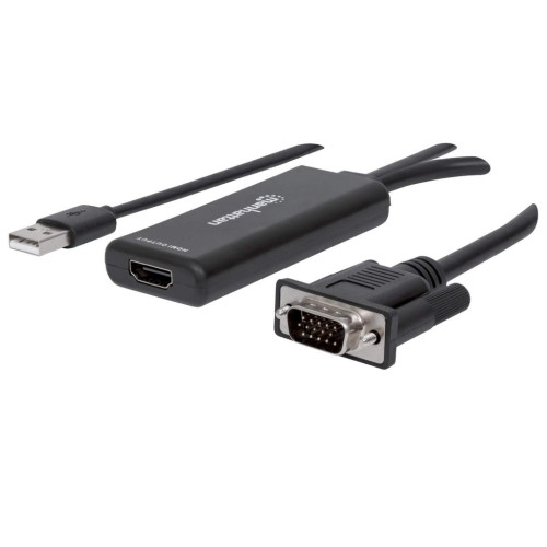 Manhattan VGA and USB-A to HDMI Converter, Analog VGA Video and USB Audio to Digital HDMI Signal, 1920x1080, 1080p@60Hz, 24-bit colour, 1.65 Gbps / 165 MHz, Three Year Warranty, Blister