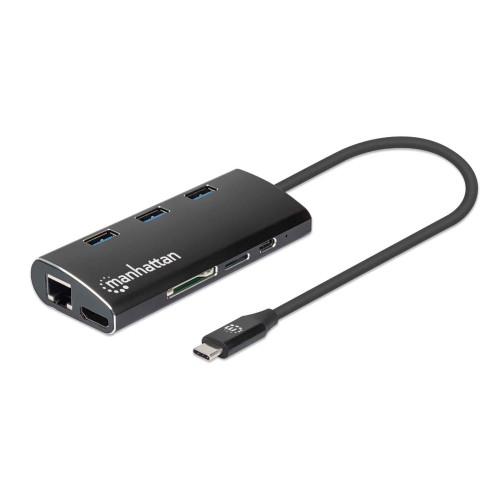 USB-C Dock/Hub with Card Reader, Ports (x6): Ethernet, HDMI, USB-A (x3) and USB-C, With Power Delivery (100W) to USB-C Port (Note additional USB-C wall charger and USB-C cable needed), Alumin