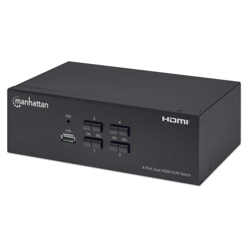 Manhattan HDMI KVM Switch 4-Port, 4K@30Hz, USB-A/3.5mm Audio/Mic Connections, Cables included, Audio Support, Control 4x computers from one pc/mouse/screen, USB Powered, Black, Three Year War