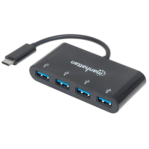 USB-C Dock/Hub, Ports (x4): USB-A (x4), 5 Gbps (USB 3.2 Gen1 aka USB 3.0), External Power Supply Not Needed, Equivalent to HB30C4AB, Cable 20cm, SuperSpeed USB, Black, Three Year Warranty, Bl