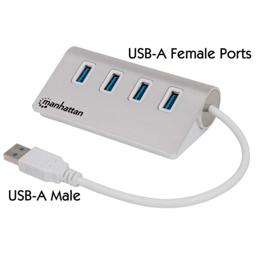 USB-A 4-Port Hub, 4x USB-A Ports, 5 Gbps (USB 3.2 Gen1 aka USB 3.0), Bus Powered, Fast charging up to 0.9A, Equivalent to ST43004UA, SuperSpeed USB, Aluminium Housing, Windows and Mac, Silver