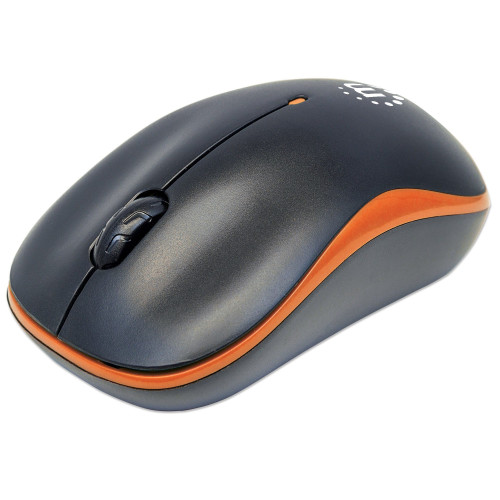 Manhattan Success Wireless Mouse, Black/Orange, 1000dpi, 2.4Ghz (up to 10m), USB, Optical, Three Button with Scroll Wheel, USB micro receiver, AA battery (included), Low friction base, Three 