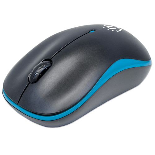 Manhattan Success Wireless Mouse, Black/Blue, 1000dpi, 2.4Ghz (up to 10m), USB, Optical, Three Button with Scroll Wheel, USB micro receiver, AA battery (included), Low friction base, Three Ye