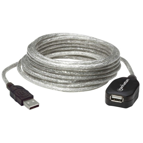 Manhattan USB-A to USB-A Extension Cable, 5m, Male to Female, Active, Translucent Silver, 480 Mbps (USB 2.0), Daisy-Chainable, Built In Repeater, Equivalent to USB2AAEXT5M (except colour), Hi