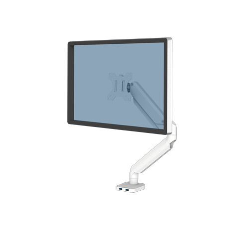 Fellowes Monitor Arm - Platinum Series Monitor Mount for 8KG 32 Inch Screens - Adjustable Monitor Desk Mount - Tilt 45Â° Pan 180Â° Swivel 360Â° Rotation 360Â°, VESA 75 x 75/100 x 100 - White