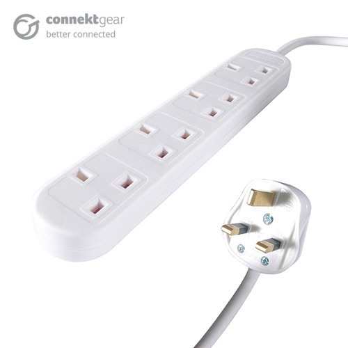 connektgear 10m 4 Way Power Extension Block - UK Plug to 4 x UK Sockets - White