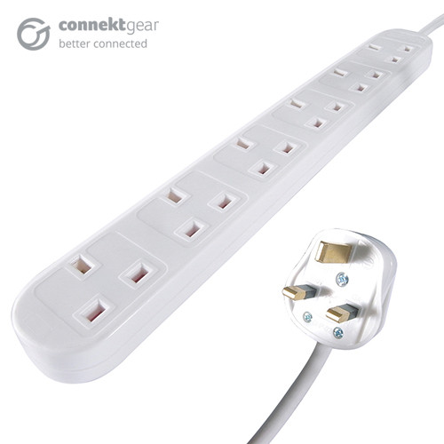 connektgear 2m 6 Way Power Extension Block - UK Plug to 6 x UK Sockets - White