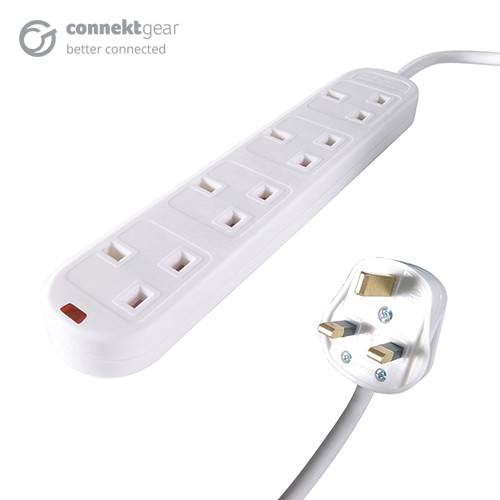 connektgear 5m 4 Way Surge Protected Power Extension Block - UK Plug to 4 x UK Sockets - White