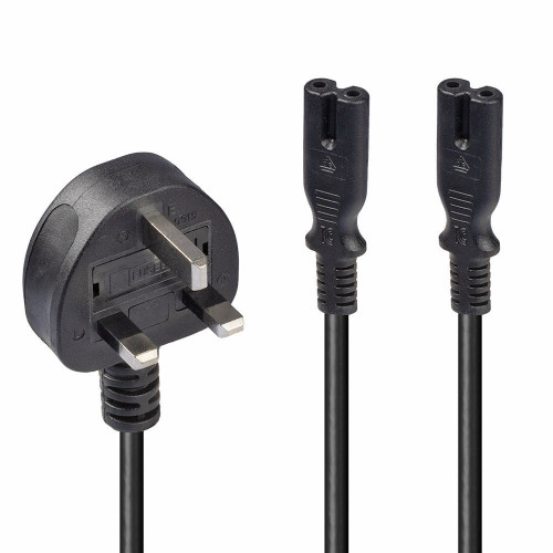 2.5m UK 3 Pin Plug to 2 x IEC C7 Splitter Extension Cable, Black