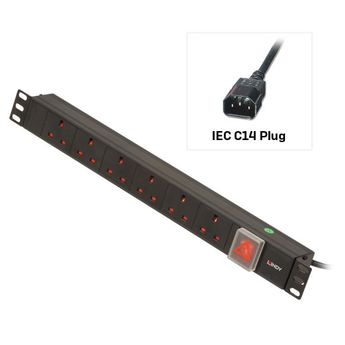 1U 6 Way UK Sockets, Horizontal PDU with IEC C14 Cable