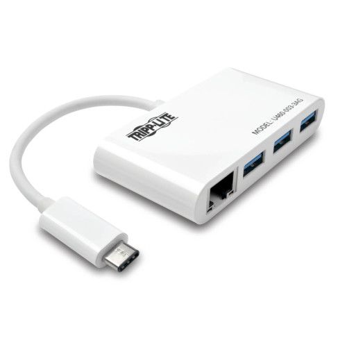 Tripp Lite U460-003-3AG 3-Port USB-C Hub with LAN Port, USB-C to 3x USB-A Ports, Gbe, USB 3.0, White