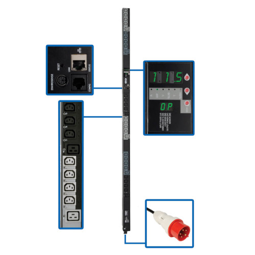 Tripp Lite PDU3XVS6G20 11.5kW 3-Phase Switched PDU, 208-240V Outlets (24 C13, 6 C19), IEC309 16/20A Red 360-415V Input, 0U, TAA